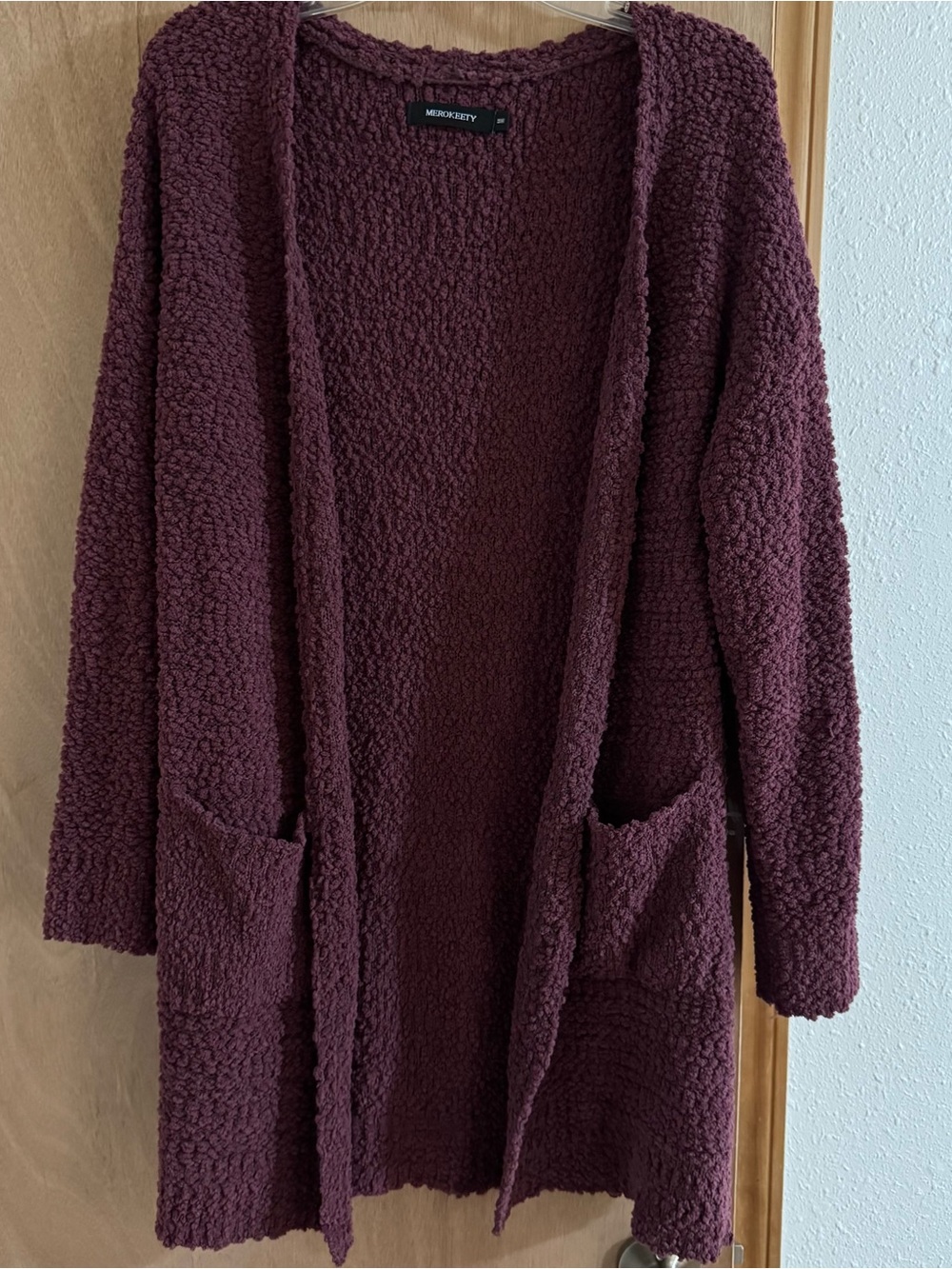Merokeety Plum Bouclé Popcorn Open Front Cardigan